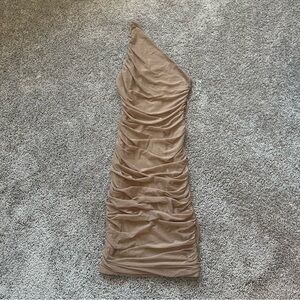 One-Shoulder Ruched Bodycon Dress in Beige